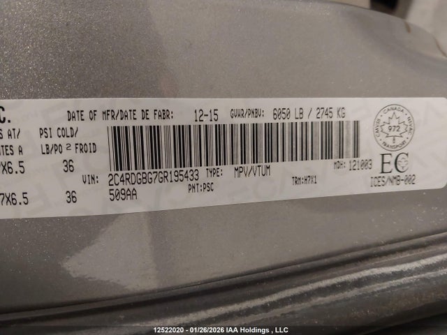 Aukcja sprzedaży 2016 Dodge Grand Caravan Se/sxt, vin: 2C4RDGBG7GR195433, numer aukcji: 12522020