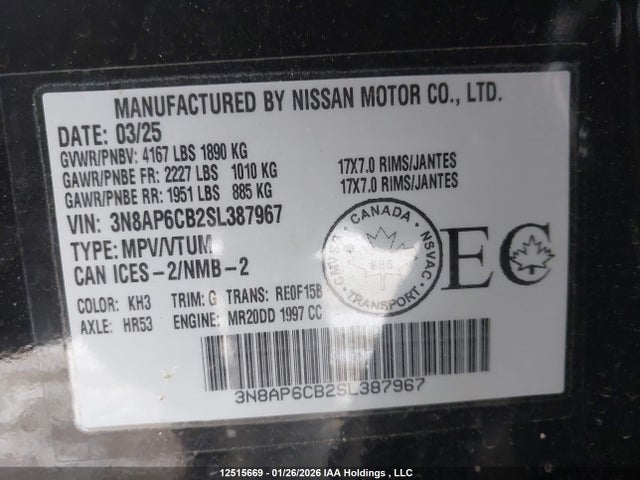 Aukcja sprzedaży 2025 Nissan Kicks Sv, vin: 3N8AP6CB2SL387967, numer aukcji: 12515669