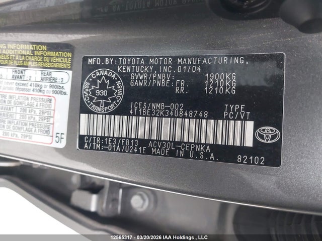 12565317 :رقم المزاد ، 4T1BE32K34U848748 vin ، 2004 Toyota Camry Le/xle/se مزاد بيع