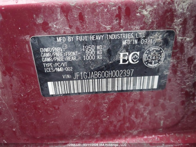 Aukcja sprzedaży 2016 Subaru Impreza Premium, vin: JF1GJAB60GH002397, numer aukcji: 12565320