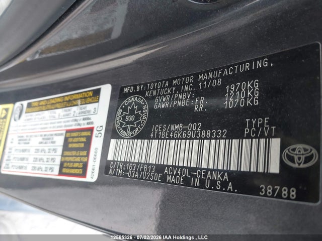 2009 Toyota Camry Se/le/xle მანქანა იყიდება აუქციონზე, vin: 4T1BE46K69U388332, აუქციონის ნომერი: 12565326
