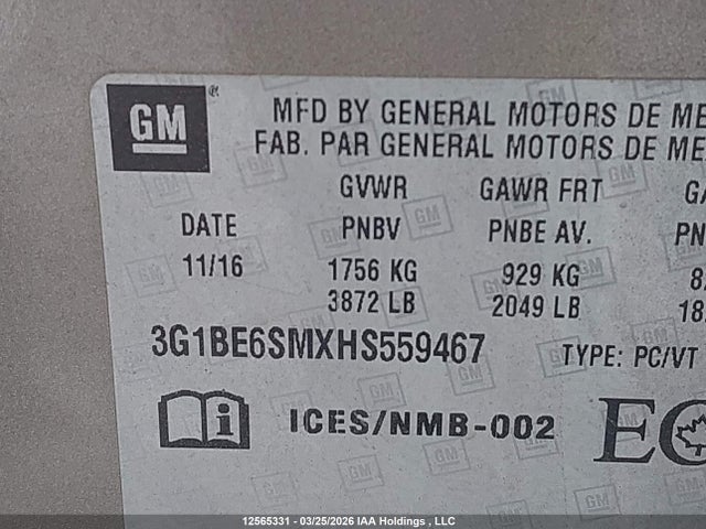 3G1BE6SMXHS559467 Chevrolet Cruze Lt Auto