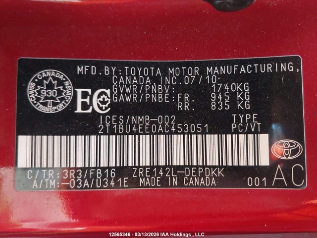12565346 :رقم المزاد ، 2T1BU4EE0AC453051 vin ، 2010 Toyota Corolla مزاد بيع