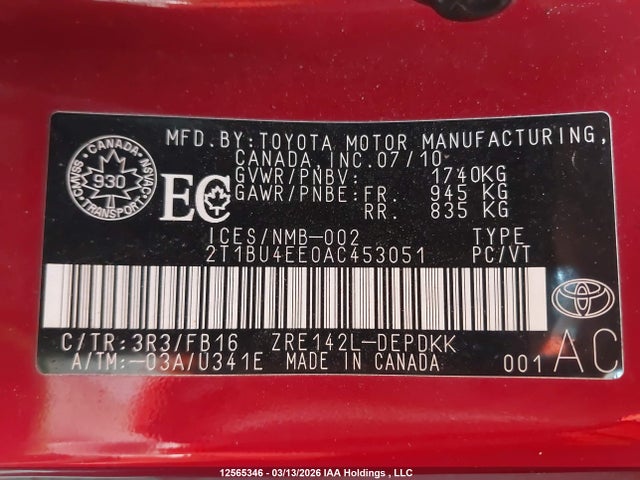 12565346 :رقم المزاد ، 2T1BU4EE0AC453051 vin ، 2010 Toyota Corolla مزاد بيع