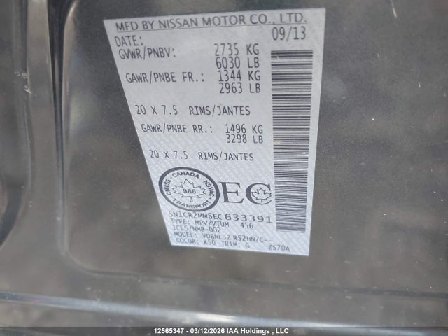 12565347 :رقم المزاد ، 5N1CR2MM8EC633391 vin ، 2014 Nissan Pathfinder Hybrid/sv/sl/platinum مزاد بيع