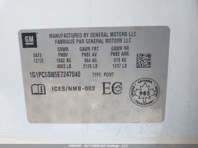 12565350 :رقم المزاد ، 1G1PC5SB5E7247040 vin ، 2014 Chevrolet Cruze Lt مزاد بيع