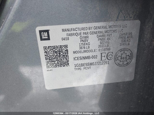 Продаж на аукціоні авто 2018 Chevrolet Cruze Lt Auto, vin: 1G1BE5SM0J7212261, номер лоту: 12565364