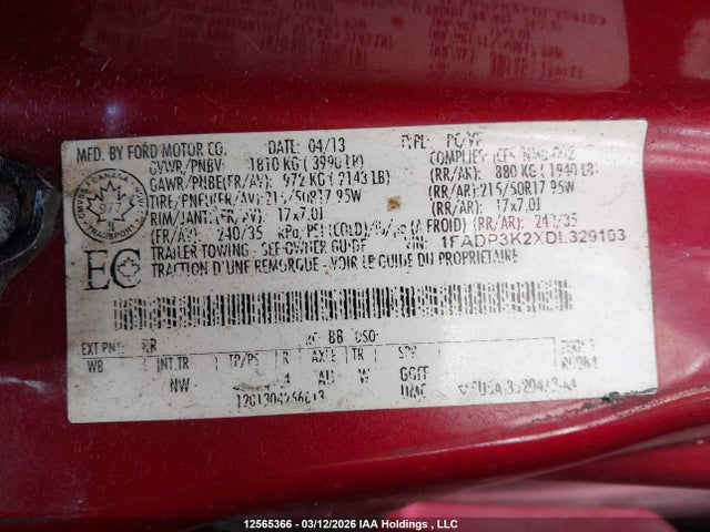 Продаж на аукціоні авто 2013 Ford Focus, vin: 1FADP3K2XDL329103, номер лоту: 12565366