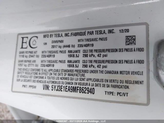 Продажа на аукционе авто 2021 Tesla Model 3, vin: 5YJ3E1EA9MF862940, номер лота: 12565367