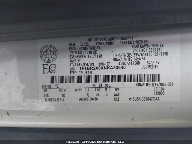 Aukcja sprzedaży 2022 Ford Transit T-250, vin: 1FTBR2X8XNKA33640, numer aukcji: 12565369