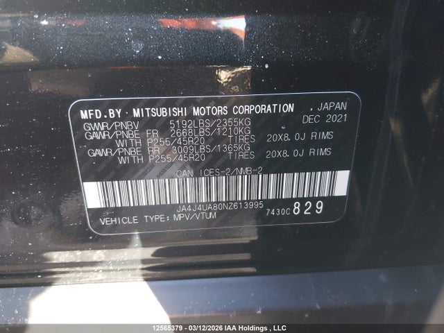 JA4J4UA80NZ613995 Mitsubishi Outlander