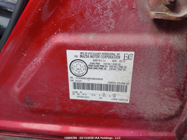 2012 Mazda Mazda6 Gt-i4 მანქანა იყიდება აუქციონზე, vin: 1YVHZ8CH9C5M33035, აუქციონის ნომერი: 12565389