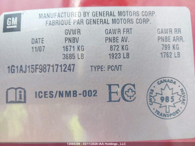 2008 Chevrolet Cobalt Ls მანქანა იყიდება აუქციონზე, vin: 1G1AJ15F987171247, აუქციონის ნომერი: 12565399