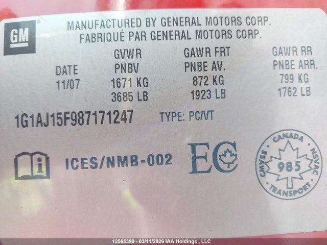 2008 Chevrolet Cobalt Ls მანქანა იყიდება აუქციონზე, vin: 1G1AJ15F987171247, აუქციონის ნომერი: 12565399