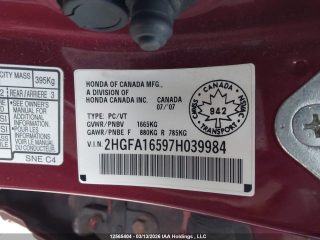 2007 Honda Civic მანქანა იყიდება აუქციონზე, vin: 2HGFA16597H039984, აუქციონის ნომერი: 12565404