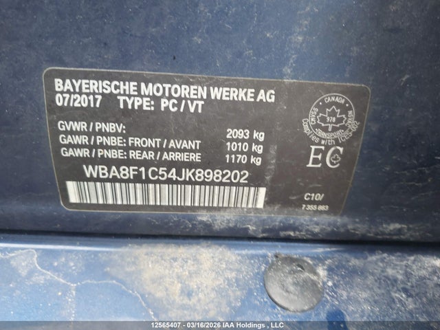 12565407 :رقم المزاد ، WBA8F1C54JK898202 vin ، 2018 Bmw 328 D Xdrive مزاد بيع