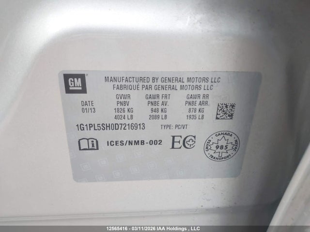 12565416 :رقم المزاد ، 1G1PL5SH0D7216913 vin ، 2013 Chevrolet Cruze Ls مزاد بيع