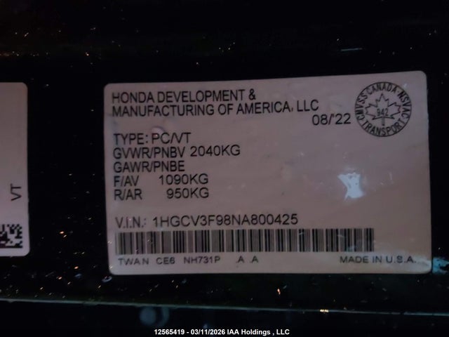 1HGCV3F98NA800425 Honda Accord Touring Hybrid