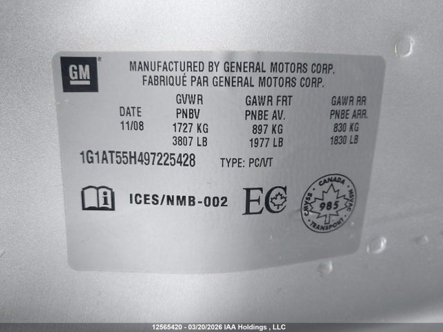 Продаж на аукціоні авто 2009 Chevrolet Cobalt Lt, vin: 1G1AT55H497225428, номер лоту: 12565420
