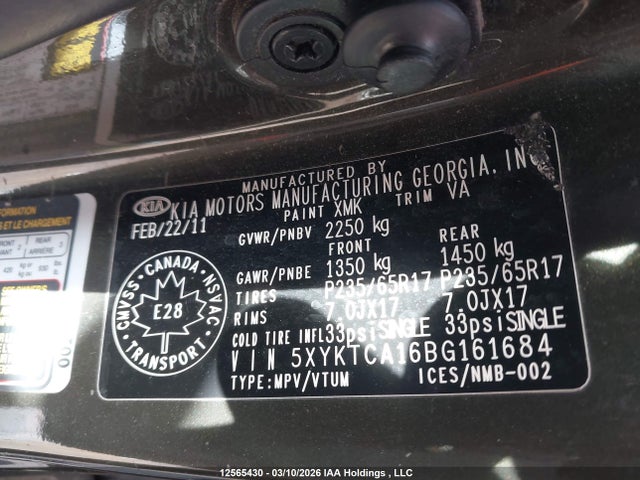 Продаж на аукціоні авто 2011 Kia Sorento Lx, vin: 5XYKTCA16BG161684, номер лоту: 12565430