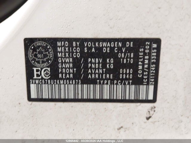 3VWC57BU2KM054873 Volkswagen Jetta S/se/r-line