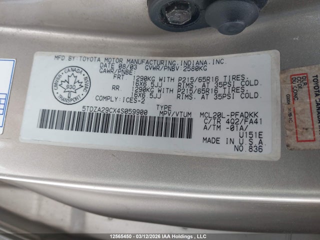 Aukcja sprzedaży 2004 Toyota Sienna Ce, vin: 5TDZA29CX4S059900, numer aukcji: 12565450