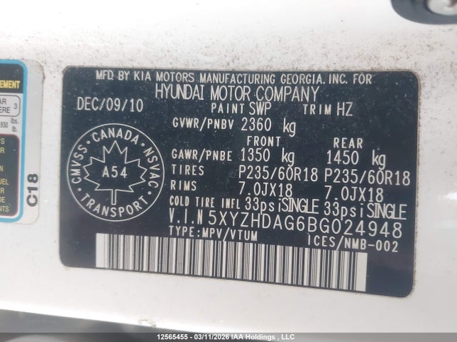 Продажа на аукционе авто 2011 Hyundai Santa Fe, vin: 5XYZHDAG6BG024948, номер лота: 12565455