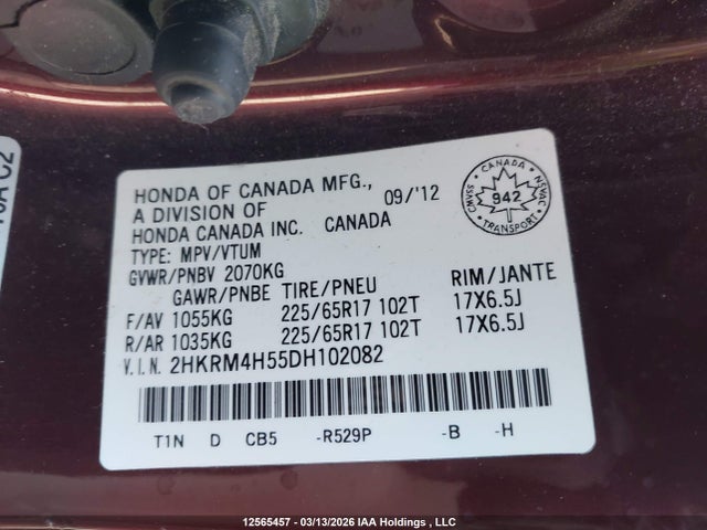 Aukcja sprzedaży 2013 Honda Cr-v, vin: 2HKRM4H55DH102082, numer aukcji: 12565457