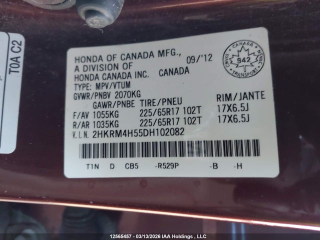 Aukcja sprzedaży 2013 Honda Cr-v, vin: 2HKRM4H55DH102082, numer aukcji: 12565457