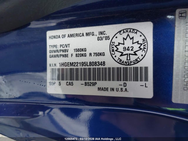 Aukcja sprzedaży 2005 Honda Civic Dx Vp, vin: 1HGEM22195L808348, numer aukcji: 12565473