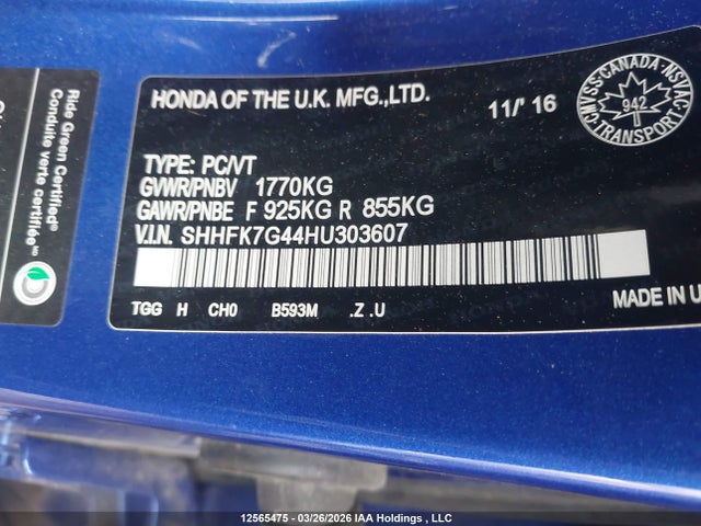 2017 Honda Civic Sport მანქანა იყიდება აუქციონზე, vin: SHHFK7G44HU303607, აუქციონის ნომერი: 12565475
