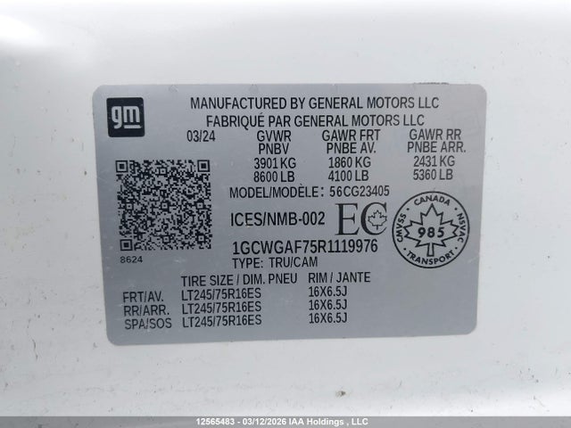 Продаж на аукціоні авто 2024 Chevrolet Express G2500, vin: 1GCWGAF75R1119976, номер лоту: 12565483
