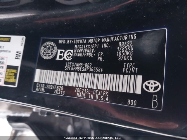 12565484 :رقم المزاد ، 5YFBPMBE9NP365584 vin ، 2022 Toyota Corolla Le مزاد بيع