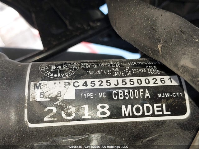Aukcja sprzedaży 2018 Honda Cb500 F, vin: MLHPC4525J5500261, numer aukcji: 12565485