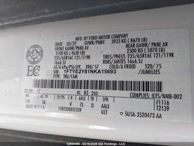 Aukcja sprzedaży 2022 Ford Transit T-150, vin: 1FTYE2Y81NKA15693, numer aukcji: 12565486