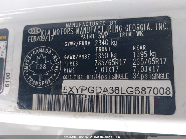 12565490 :رقم المزاد ، 5XYPGDA34HG317019 vin ، 2017 Kia Sorento Lx/l مزاد بيع