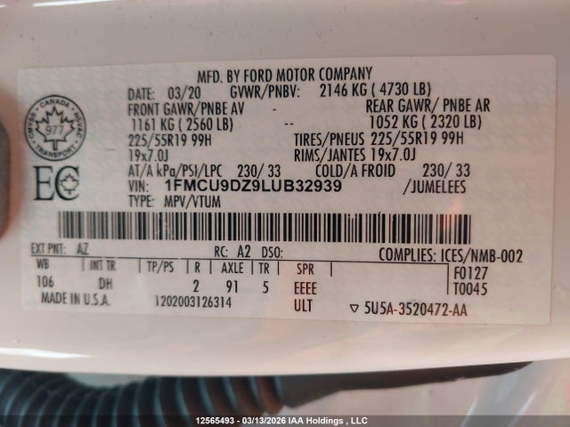 1FMCU9DZ9LUB32939 Ford Escape Hybrid