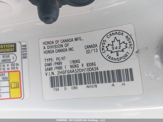 12565508 :رقم المزاد ، 2HGFG4A52DH100434 vin ، 2013 Honda Civic Si Si مزاد بيع