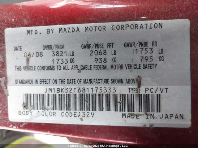 Aukcja sprzedaży 2008 Mazda Mazda3, vin: JM1BK32F681175333, numer aukcji: 12565510