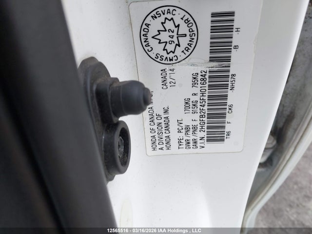 Продажа на аукционе авто 2015 Honda Civic Lx, vin: 2HGFB2F45FH016842, номер лота: 12565516