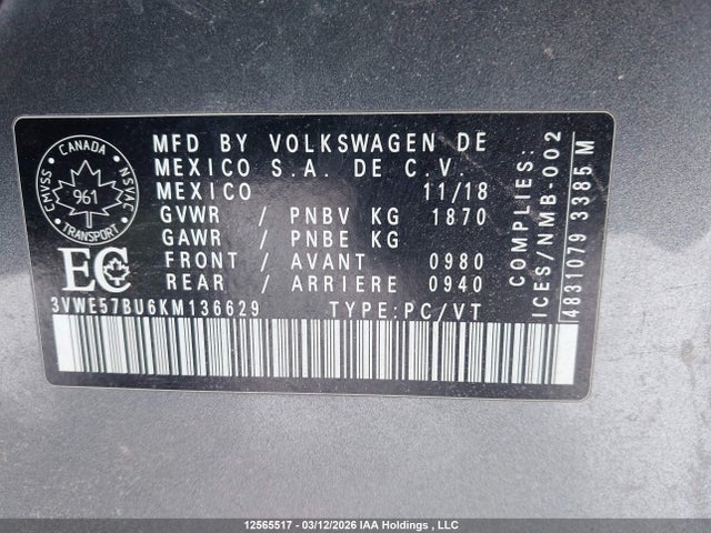 Продажа на аукционе авто 2019 Volkswagen Jetta 1.4 Tsi Highline, vin: 3VWE57BU6KM136629, номер лота: 12565517