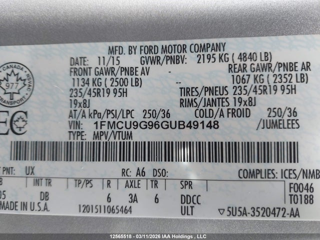 Продаж на аукціоні авто 2016 Ford Escape Se, vin: 1FMCU9G96GUB49148, номер лоту: 12565518