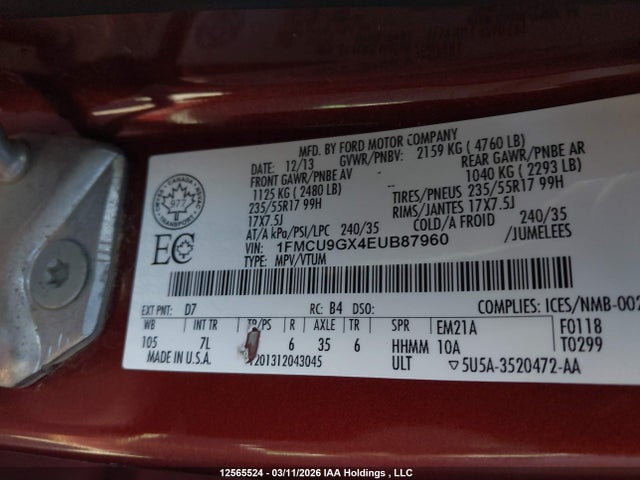 2014 Ford Escape Se მანქანა იყიდება აუქციონზე, vin: 1FMCU9GX4EUB87960, აუქციონის ნომერი: 12565524