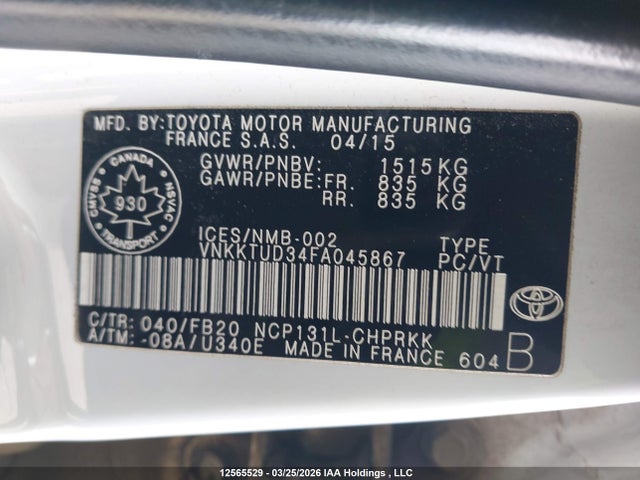 Aukcja sprzedaży 2015 Toyota Yaris Le, vin: VNKKTUD34FA045867, numer aukcji: 12565529