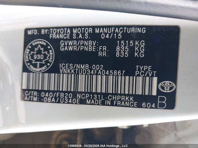Aukcja sprzedaży 2015 Toyota Yaris Le, vin: VNKKTUD34FA045867, numer aukcji: 12565529
