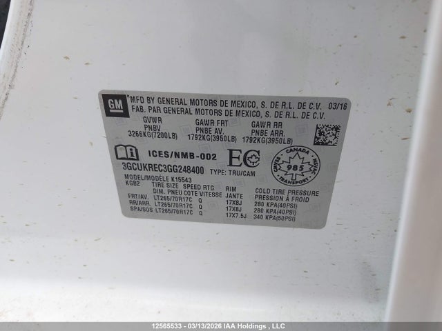 12565533 :رقم المزاد ، 3GCUKREC3GG248400 vin ، 2016 Chevrolet Silverado 1500 1lt مزاد بيع