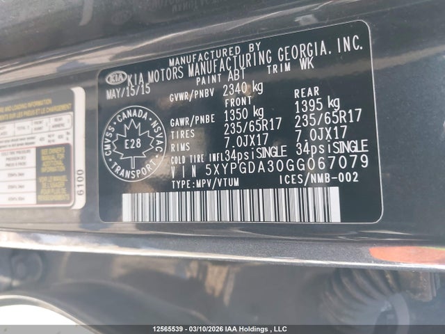 5XYPGDA30GG067079 KIA Sorento 2.4l Lx