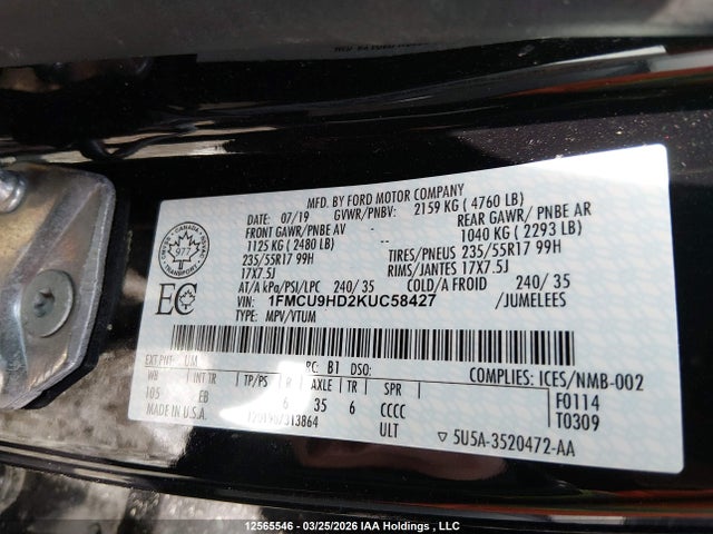 12565546 :رقم المزاد ، 1FMCU9HD2KUC58427 vin ، 2019 Ford Escape مزاد بيع