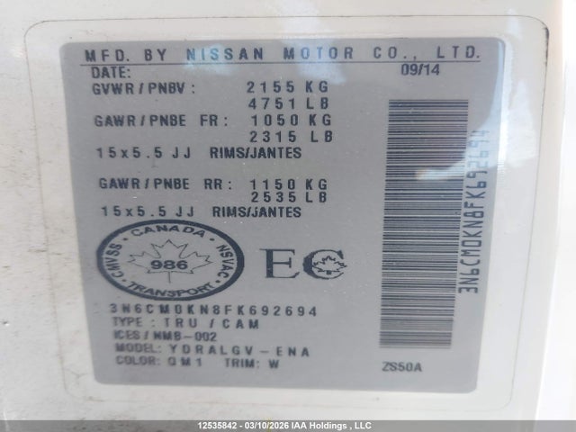 3N6CM0KN8FK692694 Nissan Nv200 S/sv
