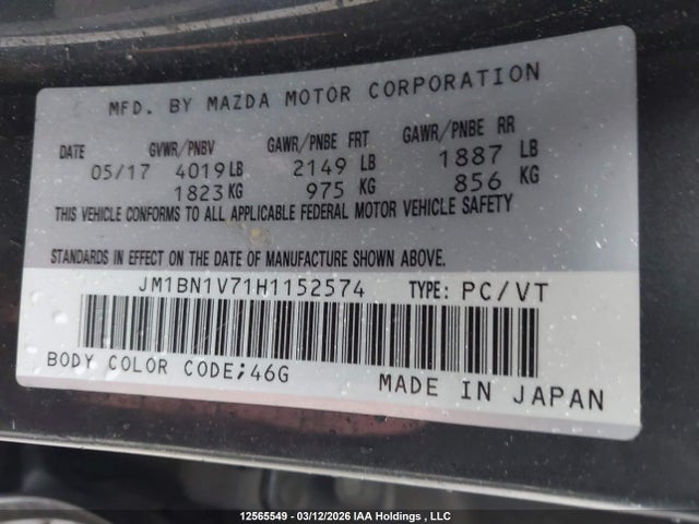 JM1BN1V71H1152574 Mazda Mazda3 Gs